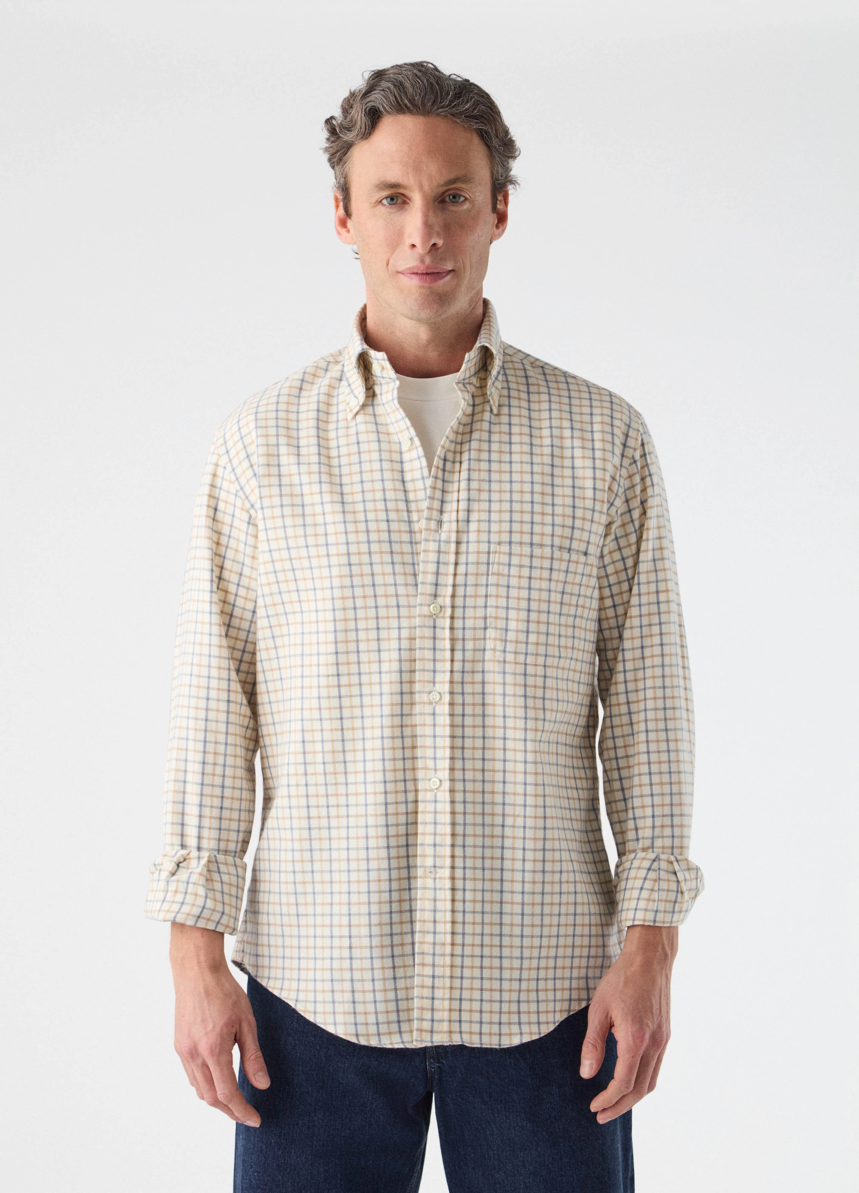Ferdinand Cotton/Cashmere Button Down Shirt - Cream/Brown/Blue - Image 3