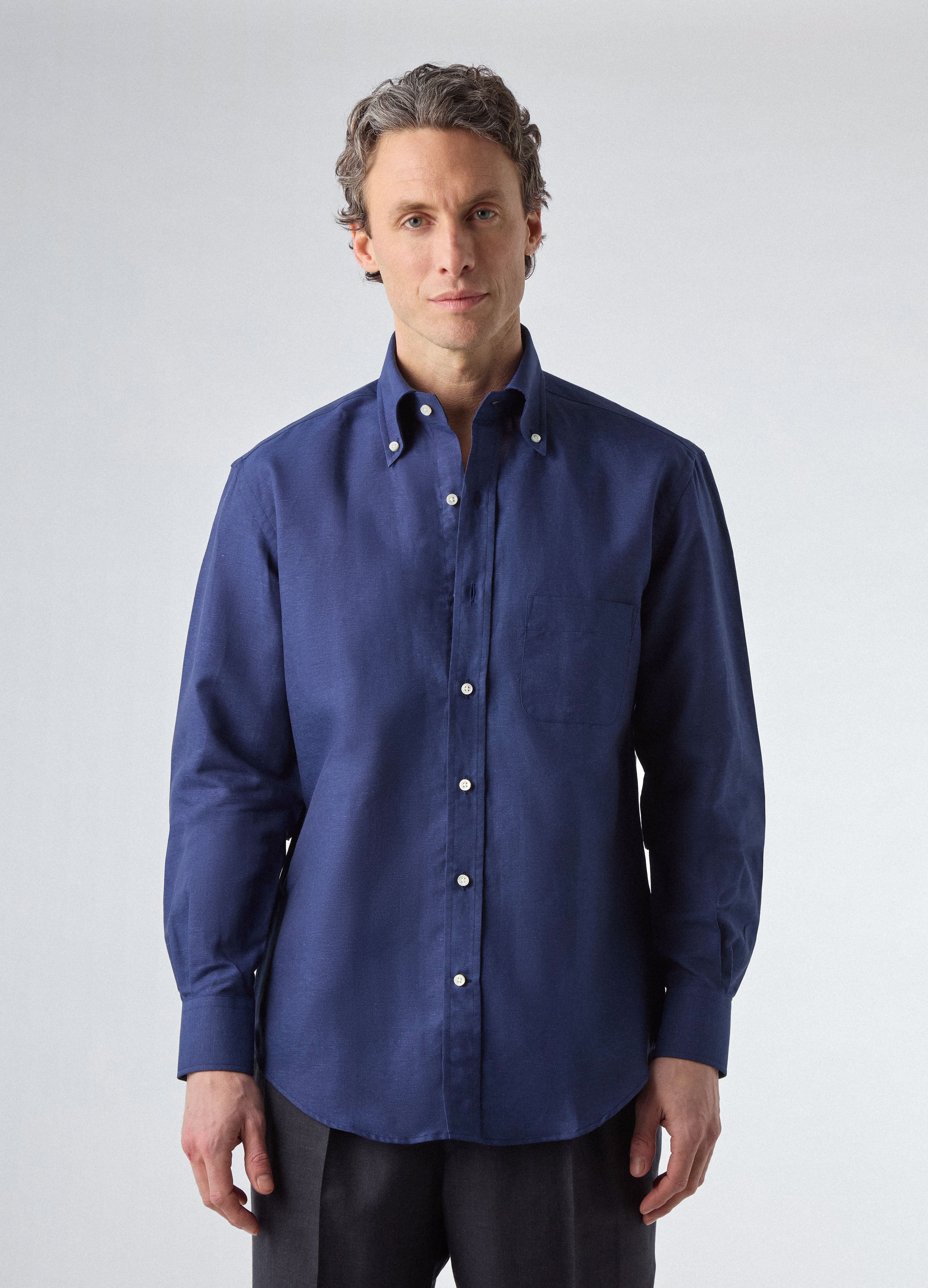 Ferdinand Cotton/Linen Button Down Shirt - Navy - Image 3