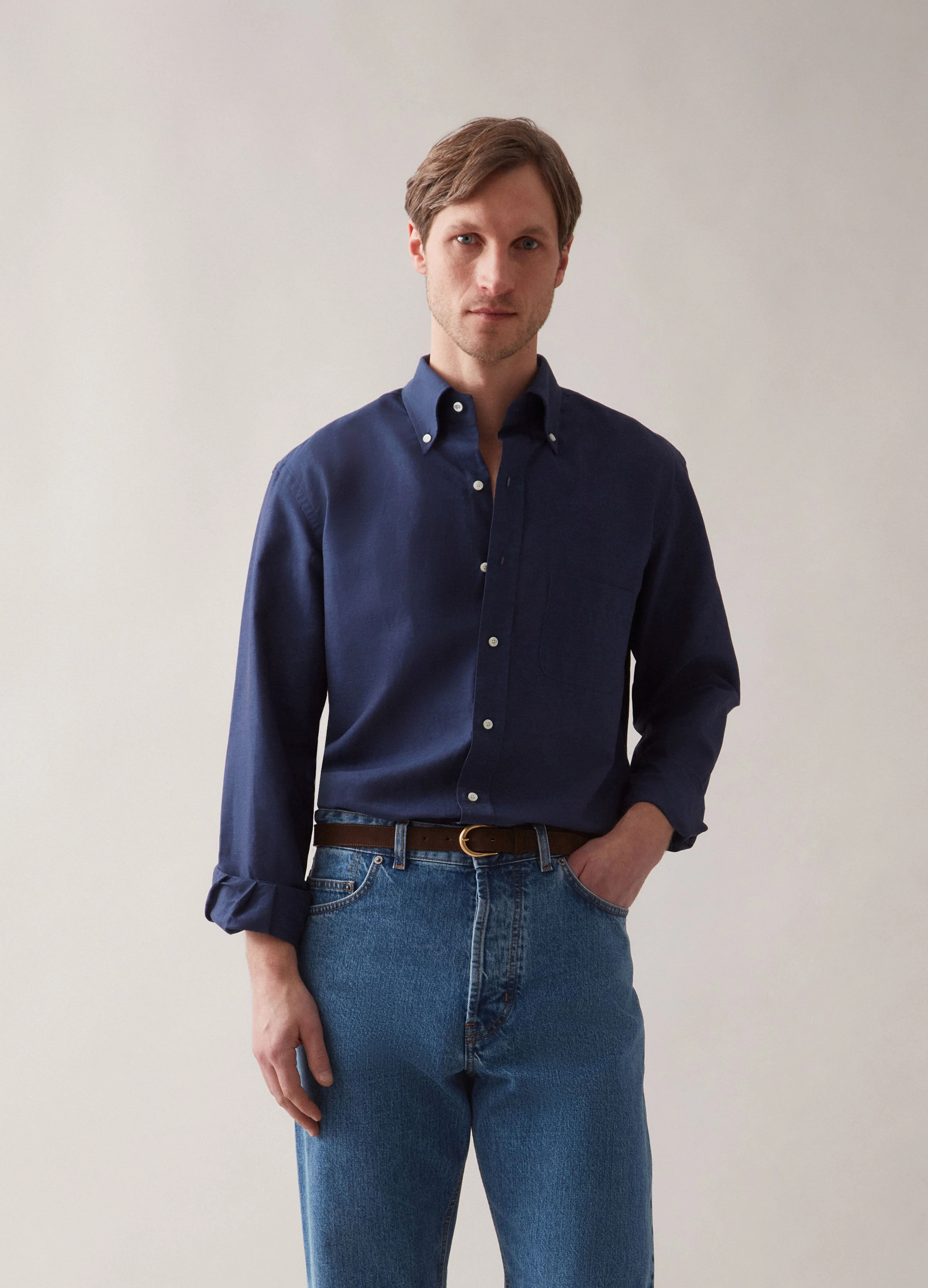 Ferdinand Cotton/Linen Button Down Shirt - Navy