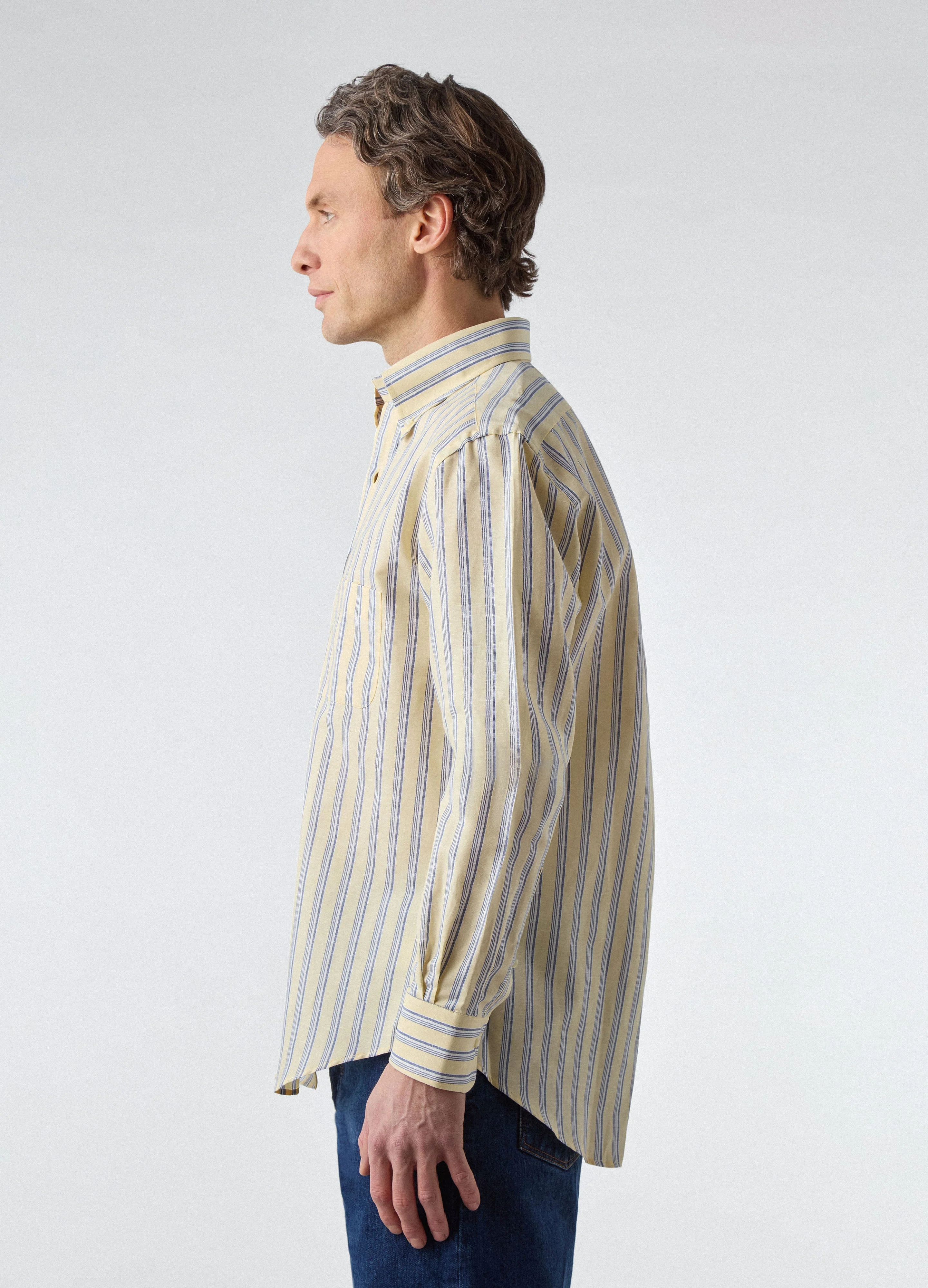 Ferdinand Cotton/Linen Button Down Shirt - Yellow/Blue/White - Image 3