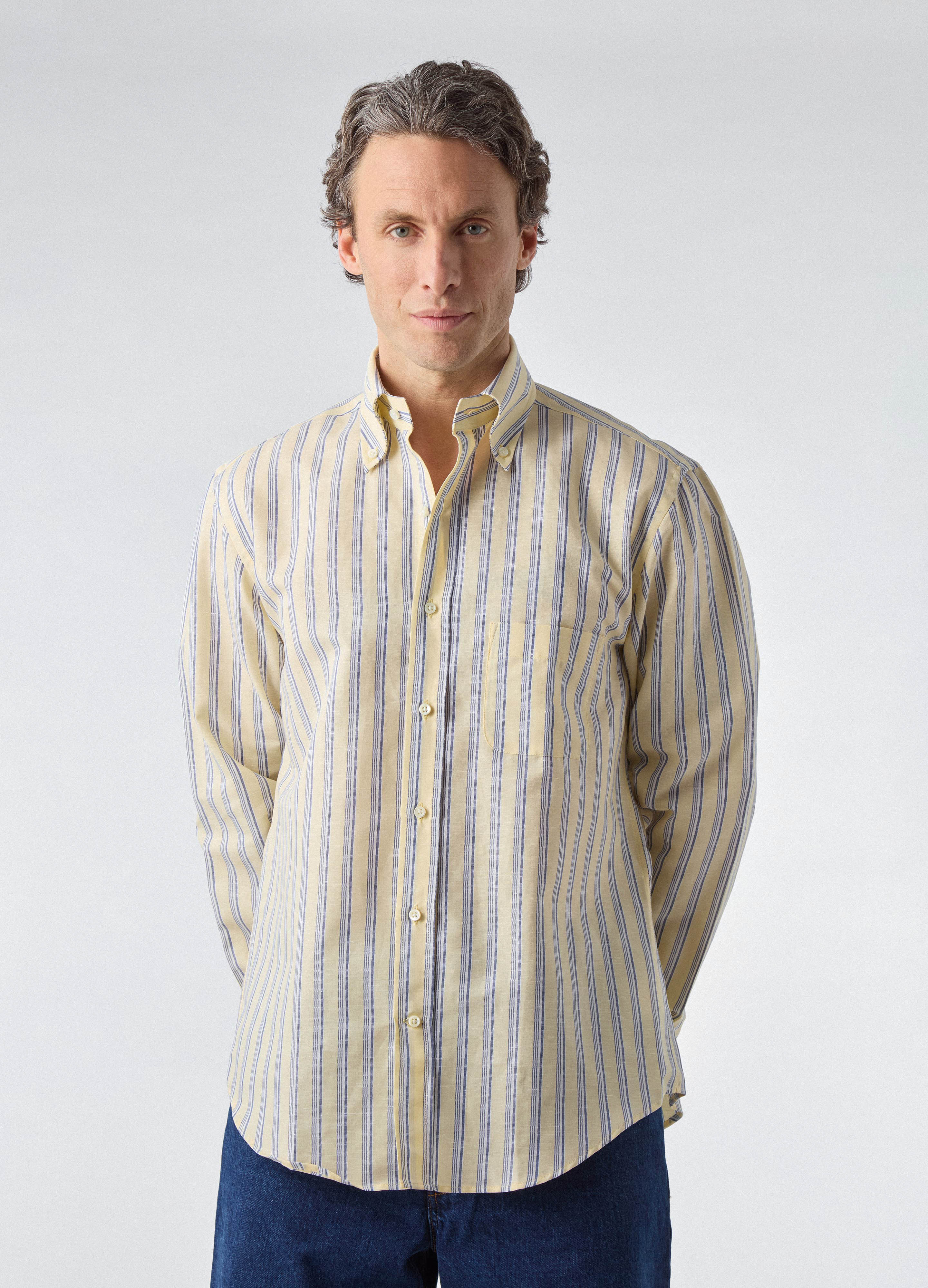 Ferdinand Cotton/Linen Button Down Shirt - Yellow/Blue/White - Image 4