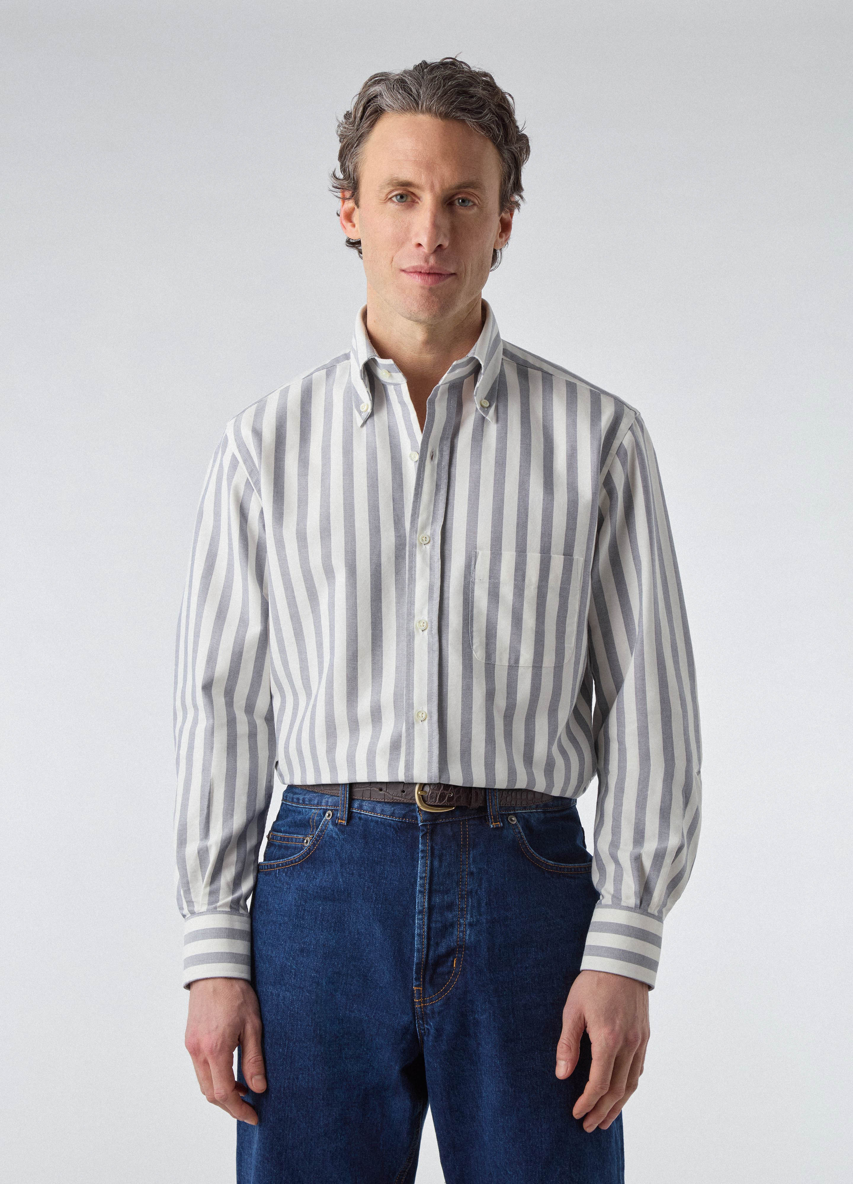 Ferdinand Oxford Button Down Shirt - Off White/Navy Butcher Stripe