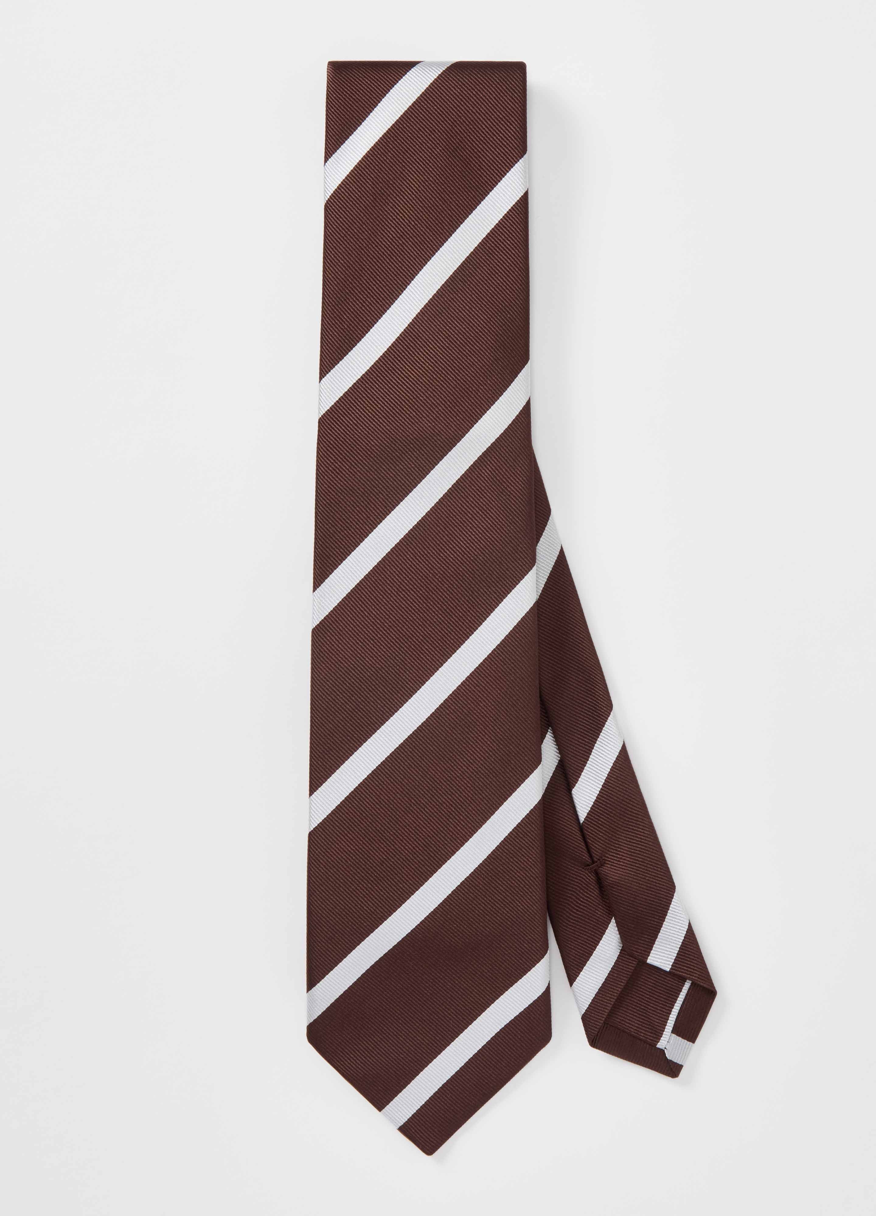 Striped Silk Tie - Dark Brown/White