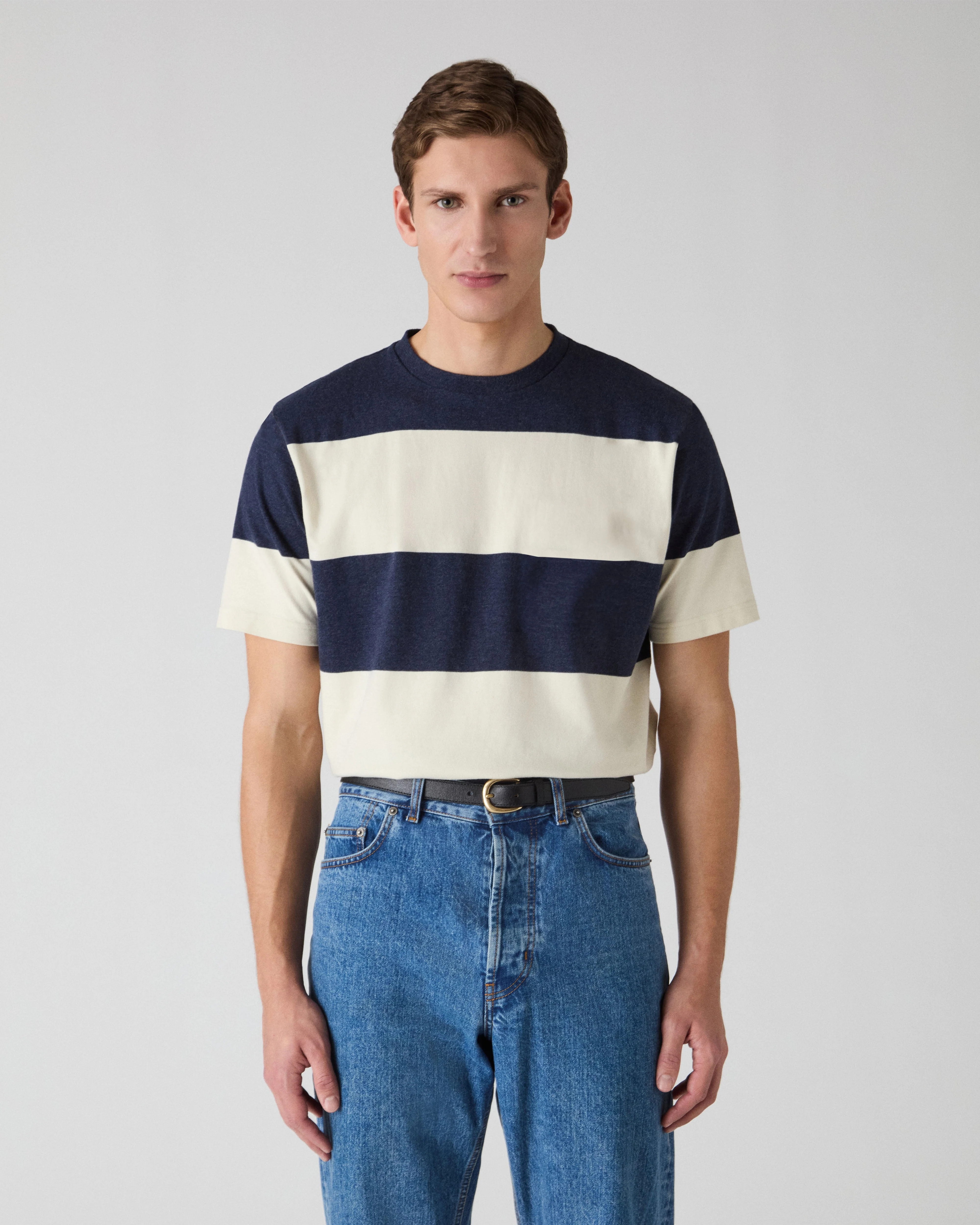 Torgny T-Shirt - Navy/White Block Stripe - Image 3